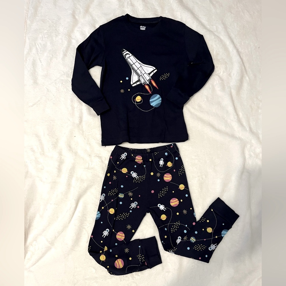 Blue Space Pajama Set with Rocket Design